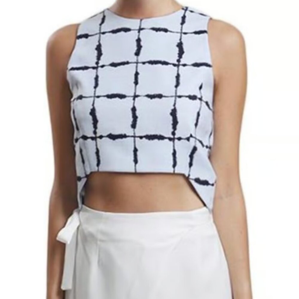 J.O.A | Light Blue & Navy Windowpane Pattern Sleeveless Tailored Crop Top, M